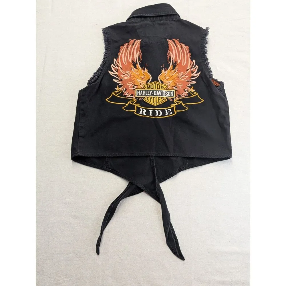 Y2K Biker Grunge Women S Harley Davidson Eagle Tie Front Moto Vest 90s